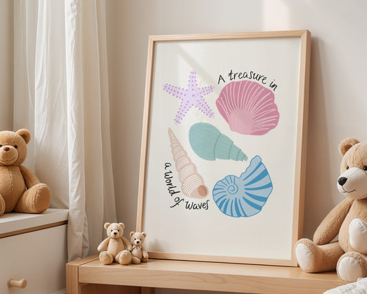 Pastel seashell wall art with pink, blue, lilac, turquoise shells of a light background, featuring the quite “A treasure in a world of waves”- coastal nursery or girls room decor.