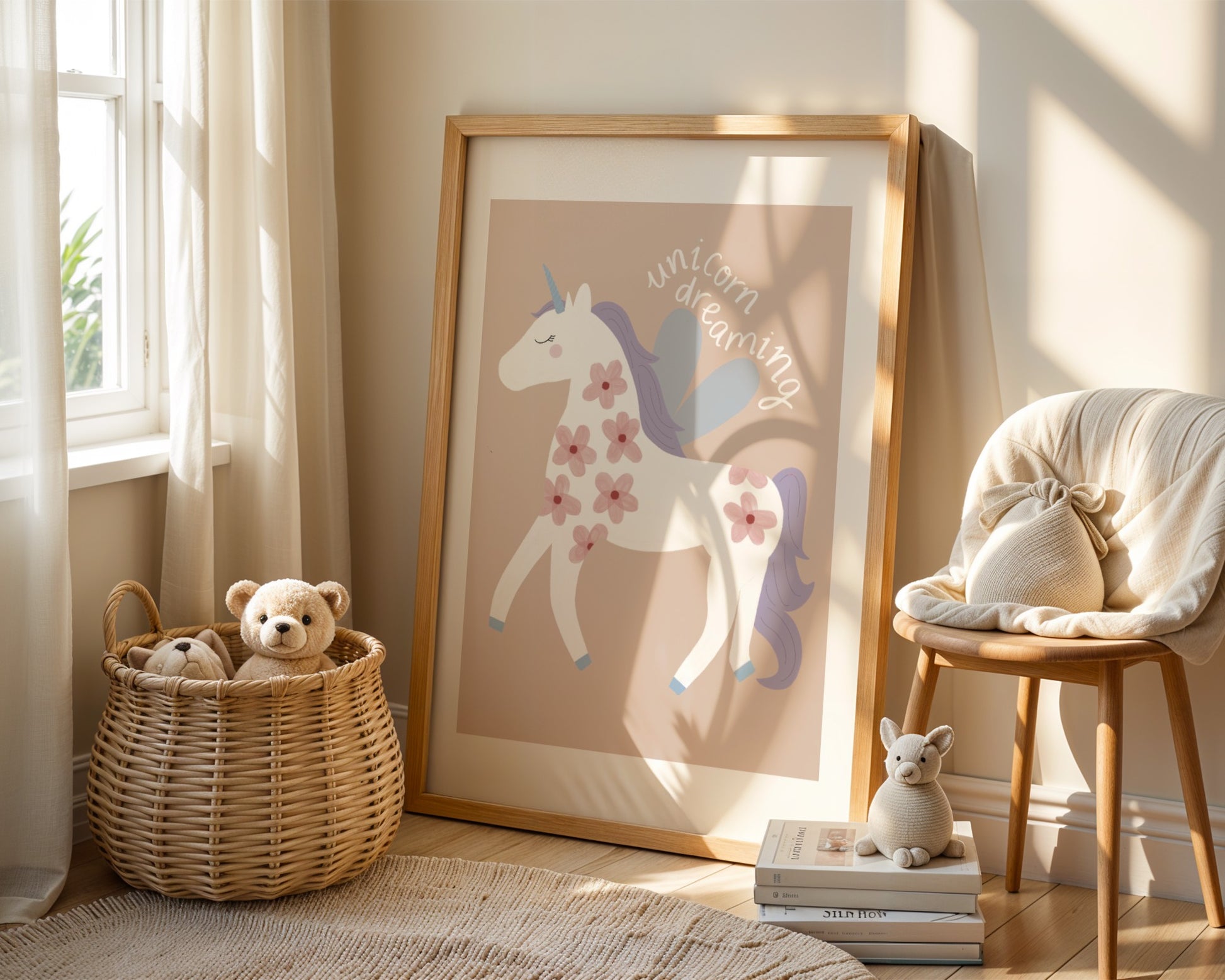 Pastel unicorn wall art print for girls featuring a white unicorn and the phrase ‘unicorn dreaming’- perfect for baby girl nursery or bedroom decor