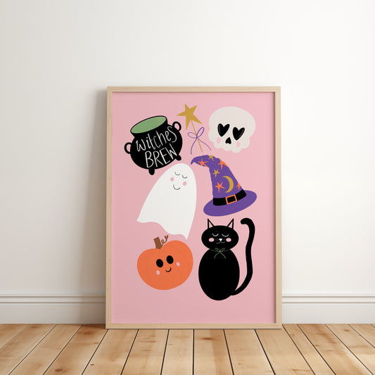 Framed Halloween-themed artwork with ghosts, cats, and pumpkins on a pink background.