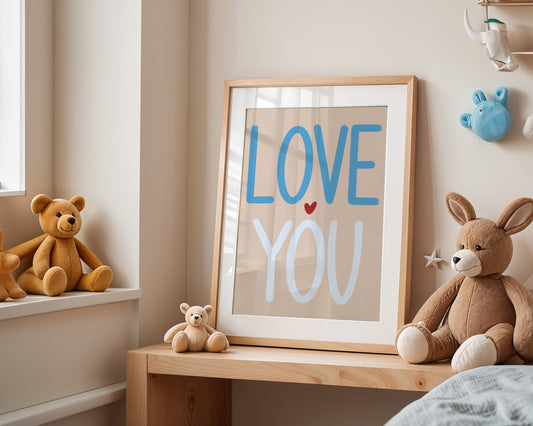 Framed picture with 'LOVE YOU' text in a room with teddy bears and a rabbit toy.