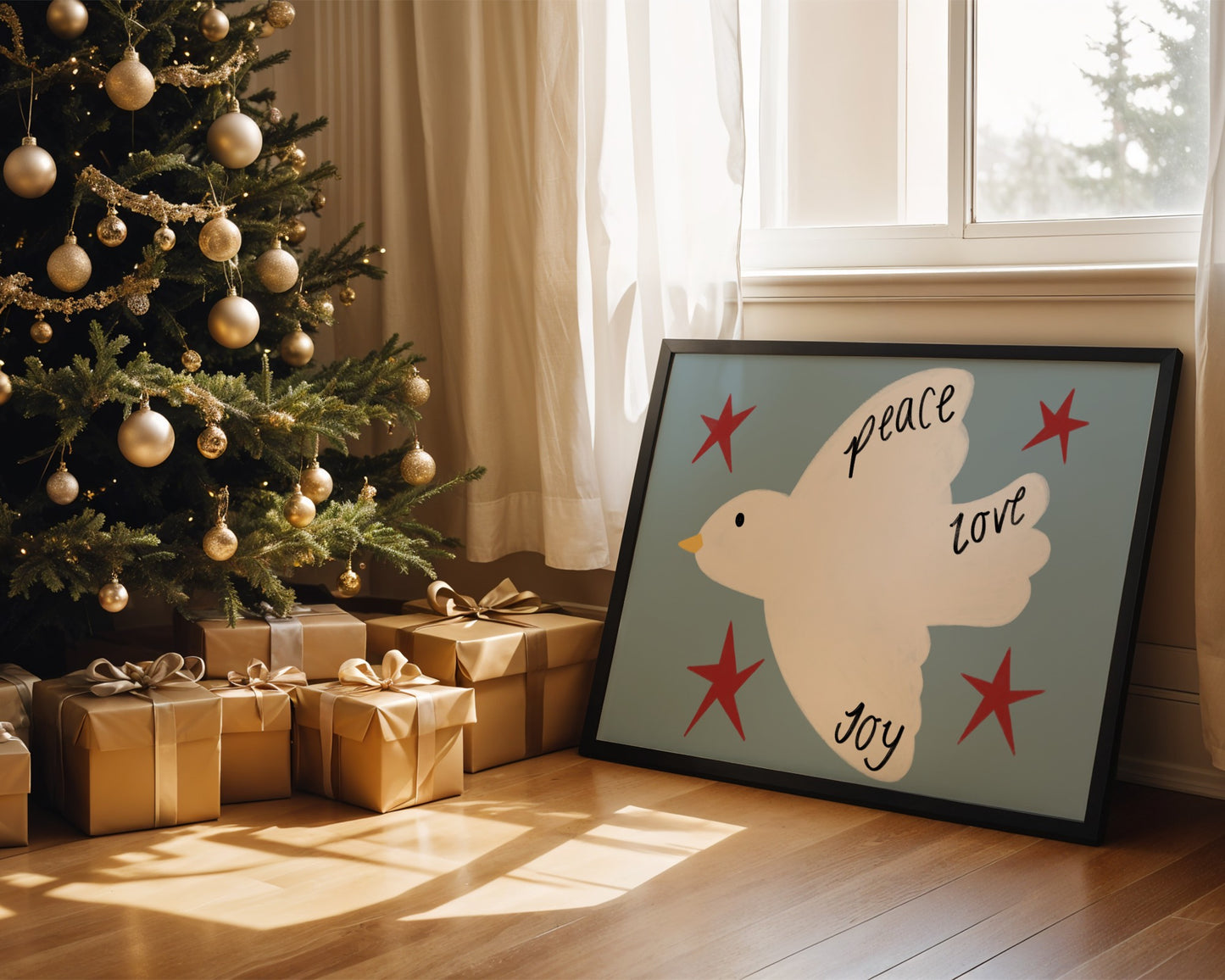 Framed artwork with a dove and text next to a decorated Christmas tree and gifts.