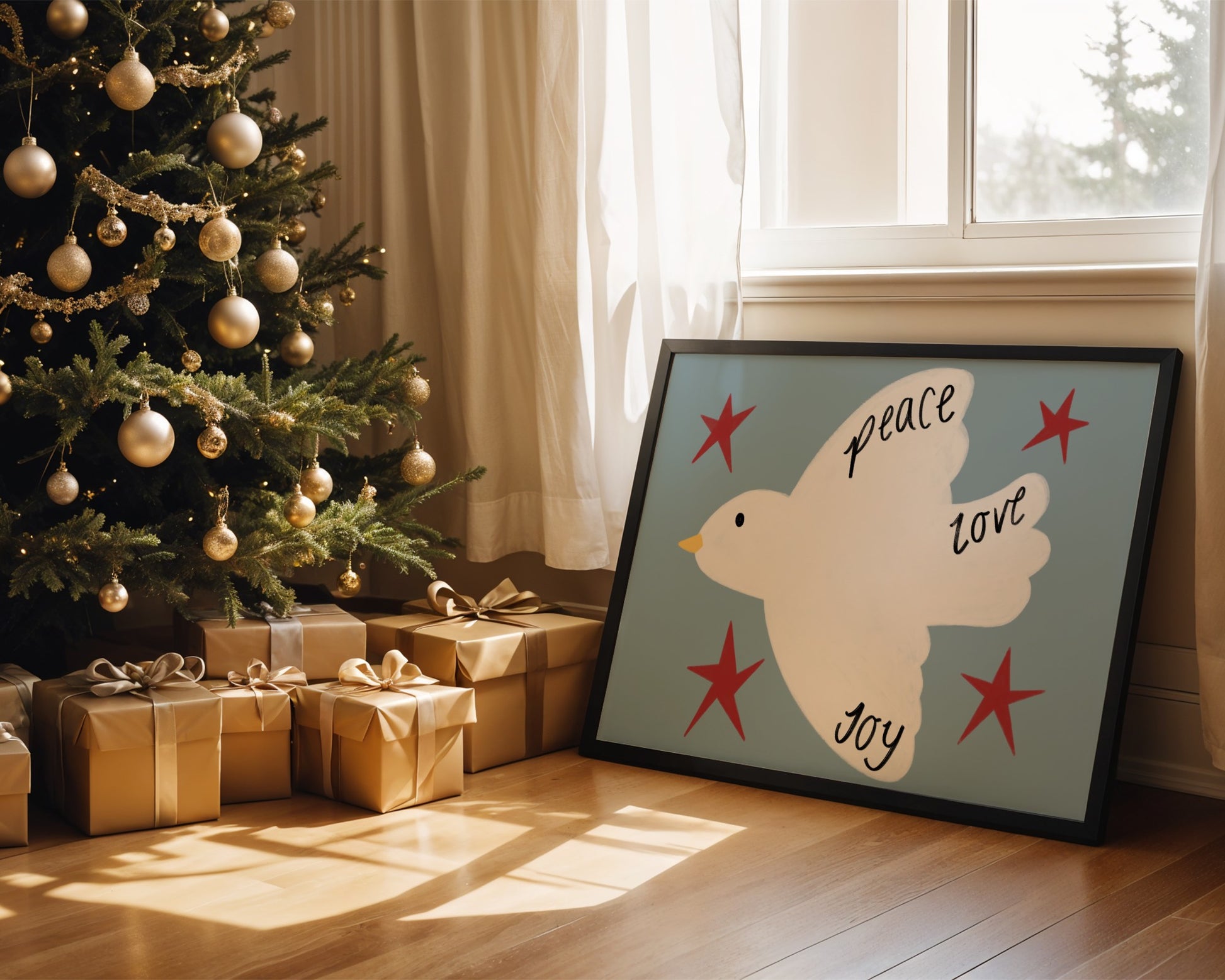 Framed artwork with a dove and text next to a decorated Christmas tree and gifts.