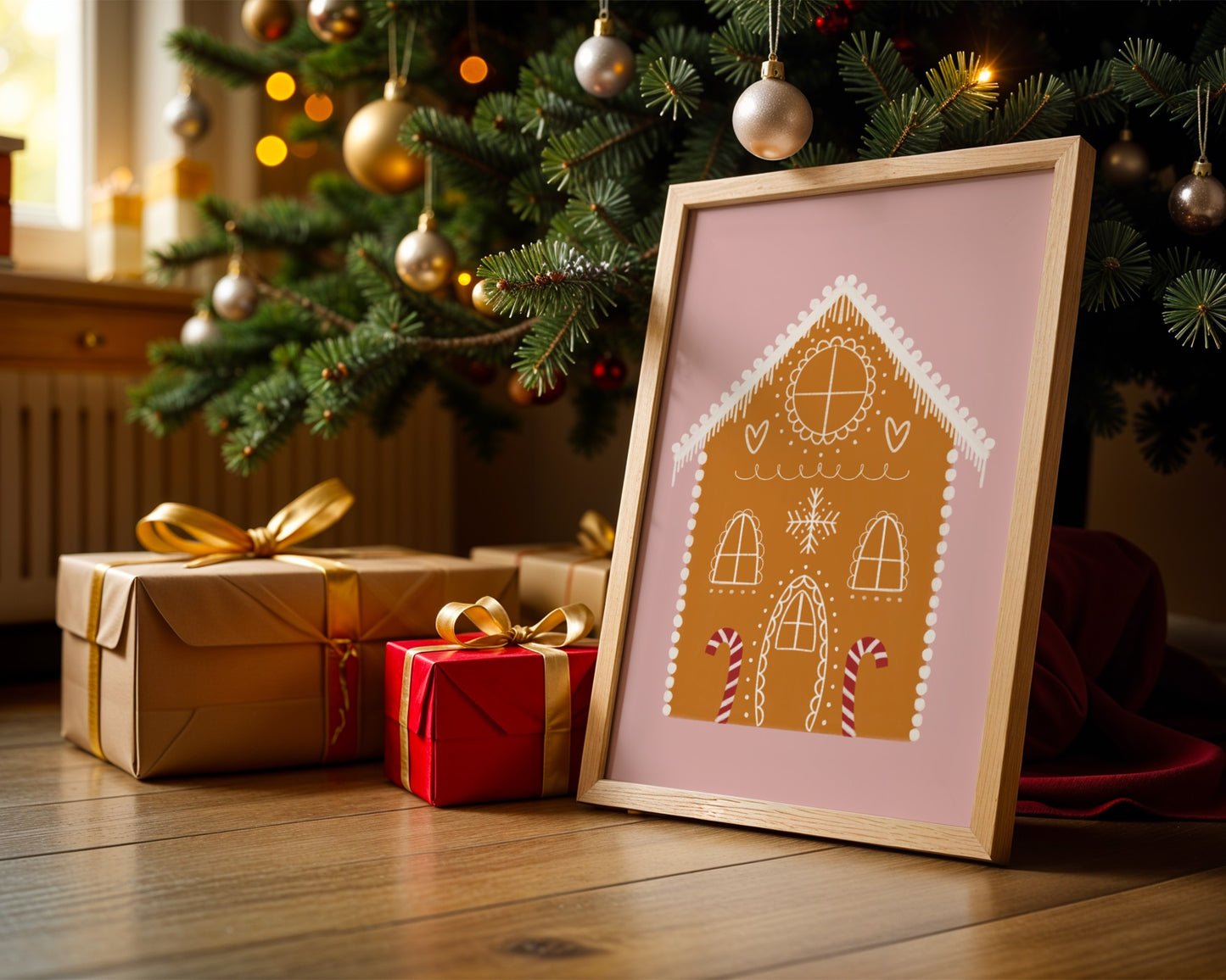 Framed gingerbread house illustration next to Christmas presents and a decorated tree.