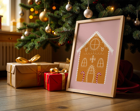 Framed gingerbread house illustration next to Christmas presents and a decorated tree.