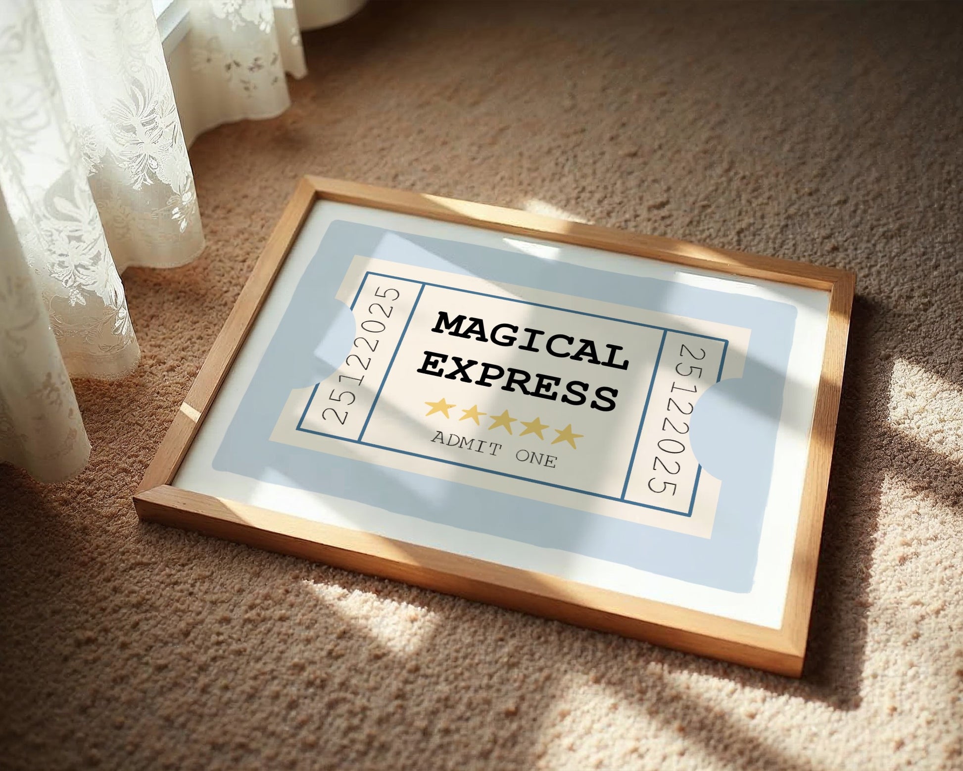Framed 'Magical Express' ticket on a carpeted floor with curtains in the background