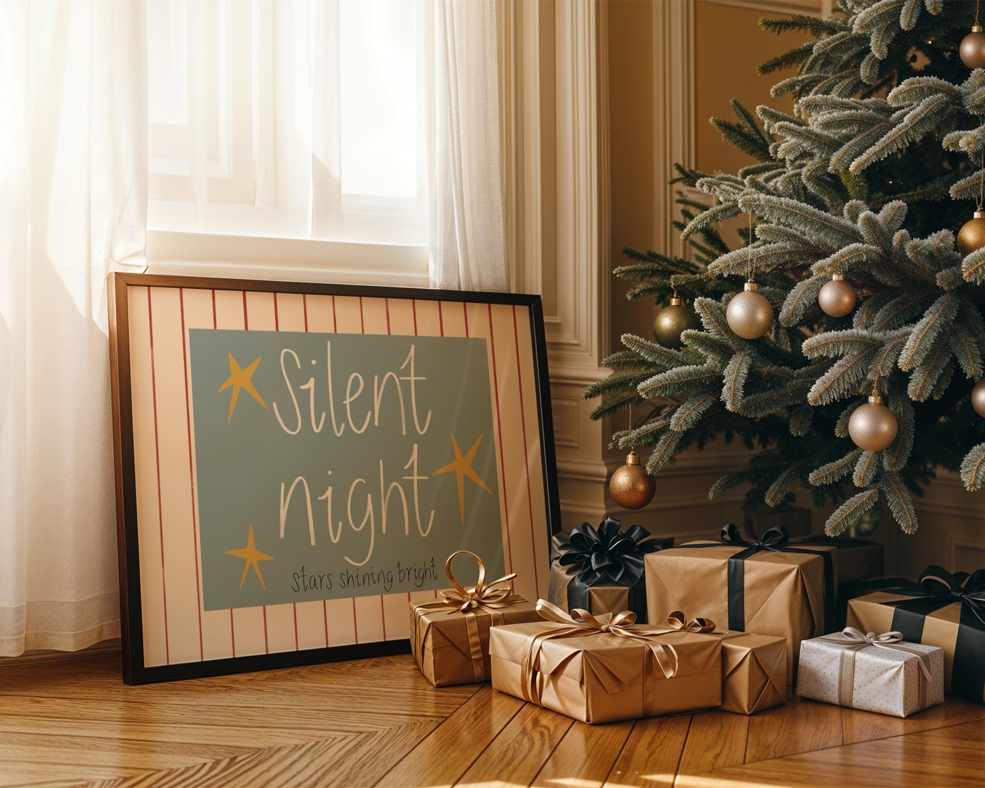 Decorative Christmas scene with a 'Silent Night' sign, tree, and presents on a wooden floor.