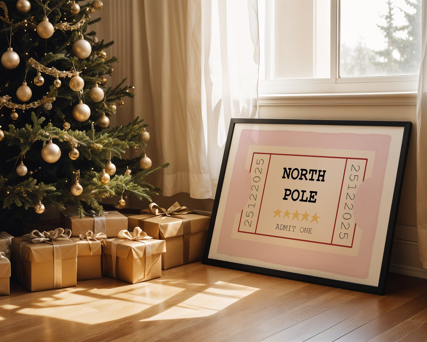 Framed North Pole ticket next to a decorated Christmas tree with presents underneath.