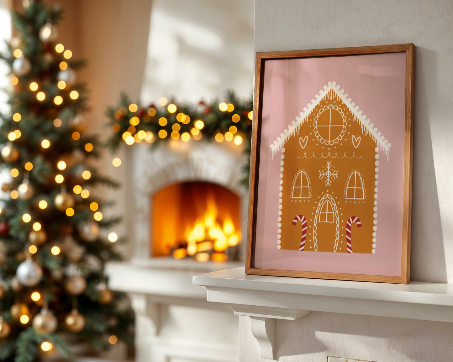 Framed gingerbread house artwork on a mantelpiece with a Christmas tree and fireplace in the background.