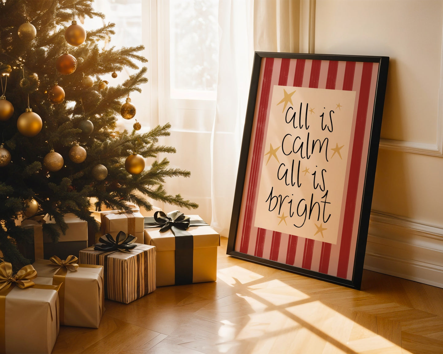 Decorative Christmas scene with a tree, presents, and a framed sign in a home setting.