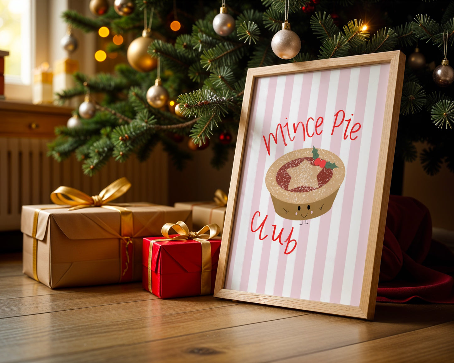 Framed 'Mince Pie Club' sign with Christmas tree and presents in the background