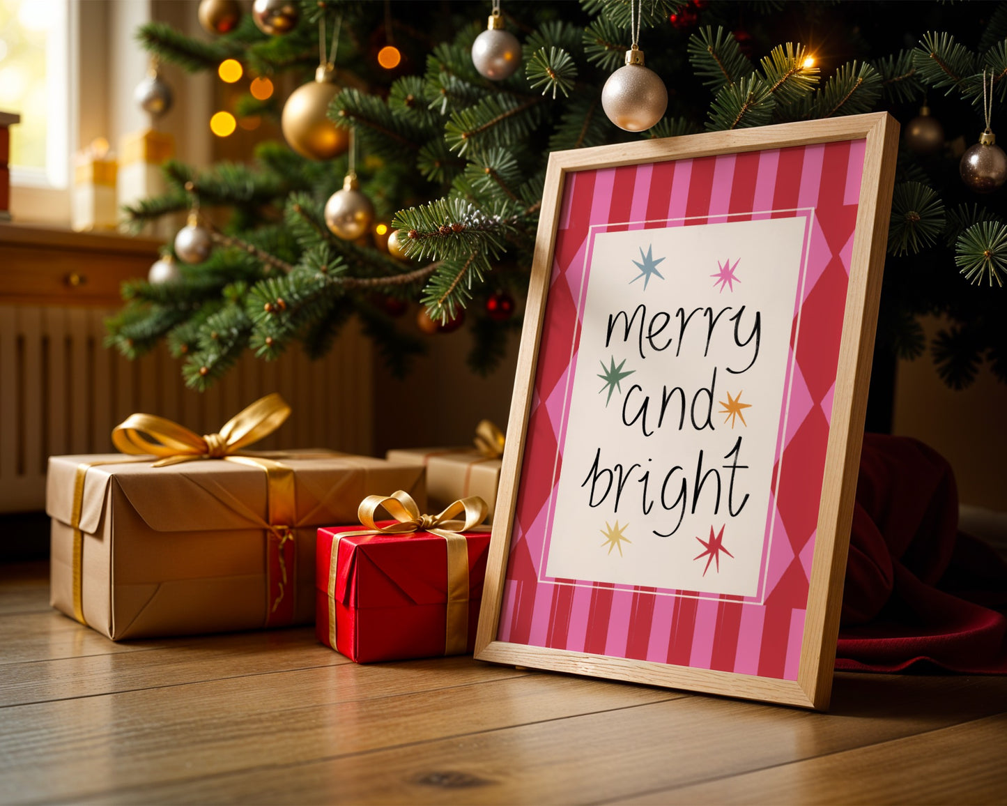 Framed 'merry and bright' sign under a decorated Christmas tree with presents.