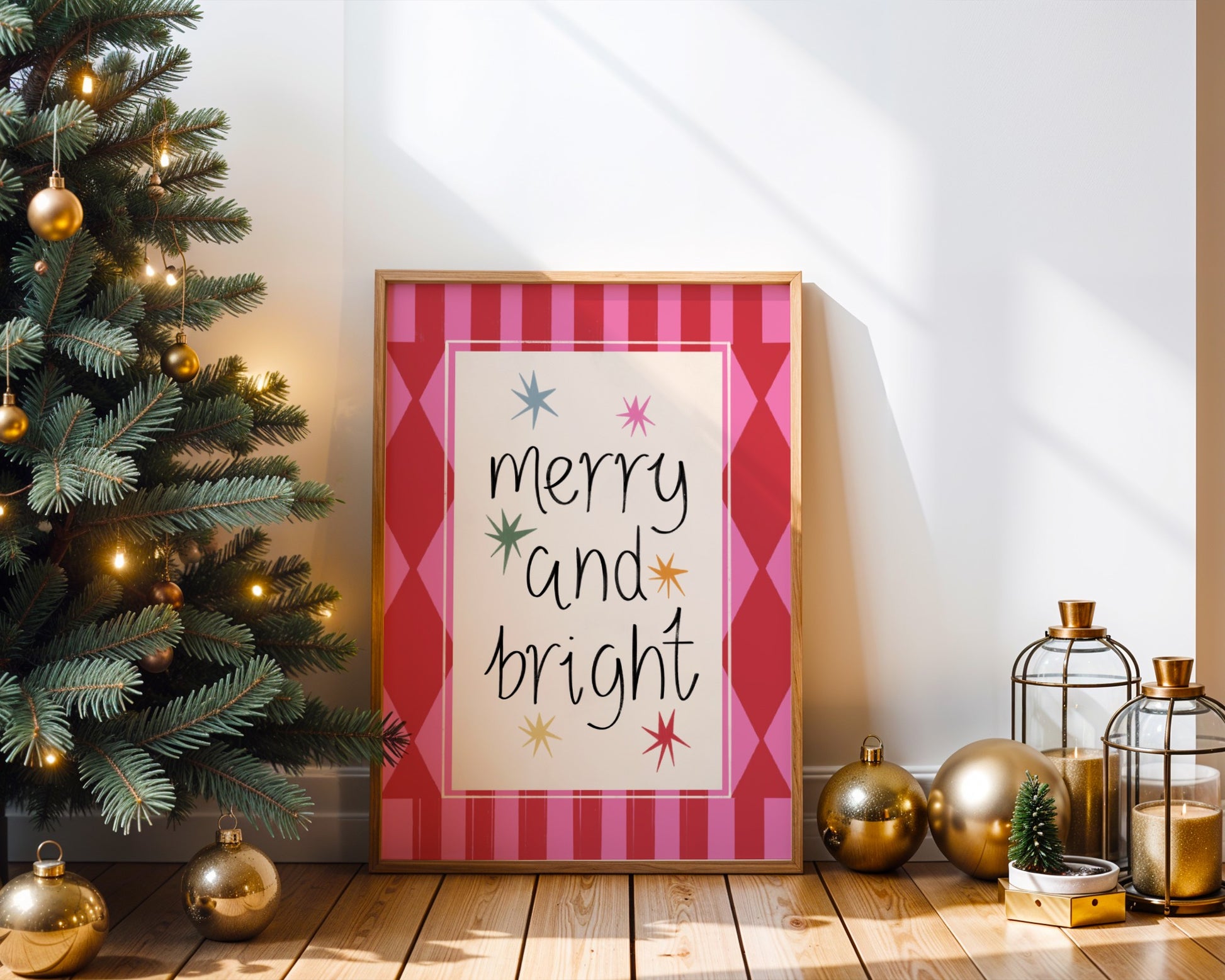 Decorative Christmas scene with a tree, lanterns, and a 'merry and bright' sign.