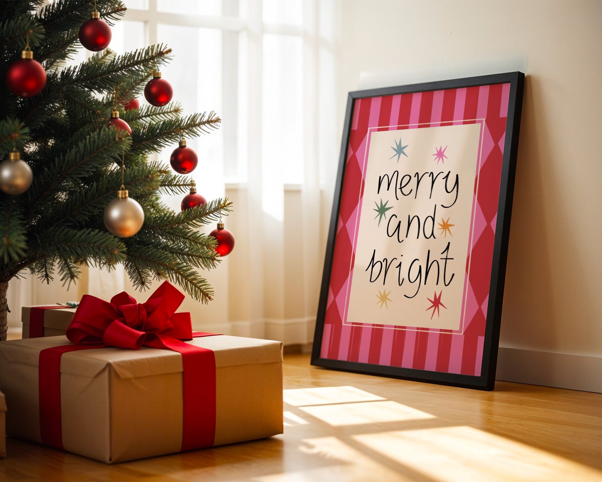 Christmas tree with decorated ornaments and a wrapped gift in a room with a framed 'merry and bright' sign.