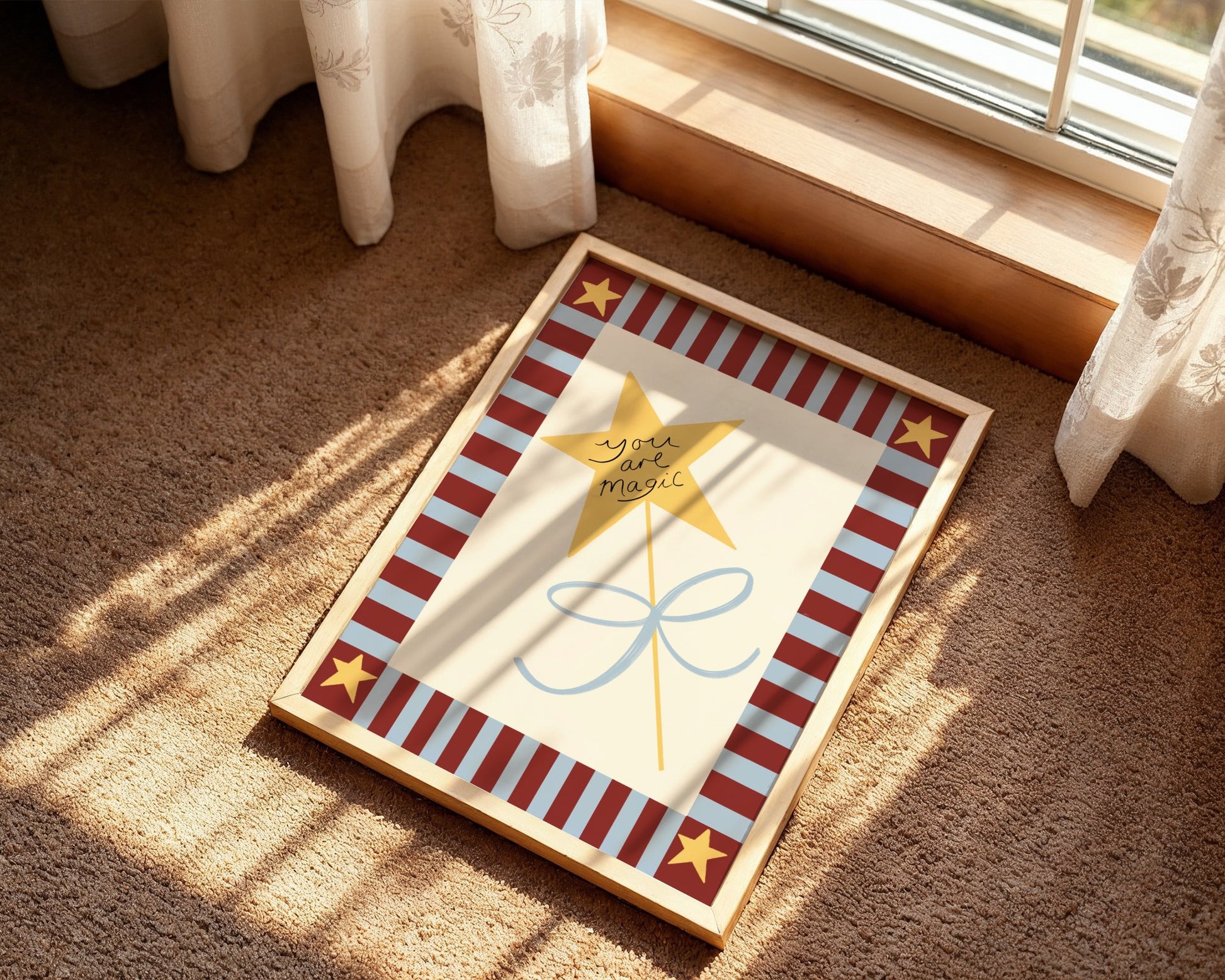 Decorative mat with a star design on a carpeted floor near a window.