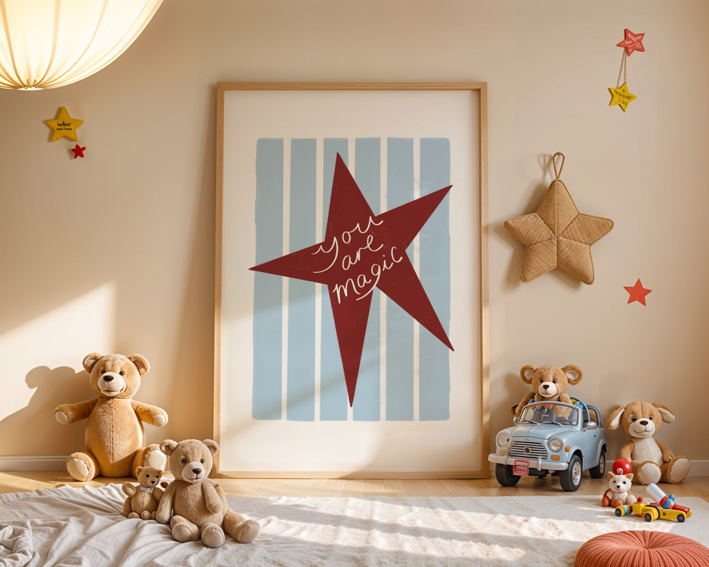 Children's room with teddy bears, toys, and a framed poster with a red star and text.