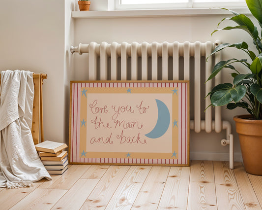 Framed artwork with 'Love you to the moon and back' text and moon illustration in a room with a radiator and plant.