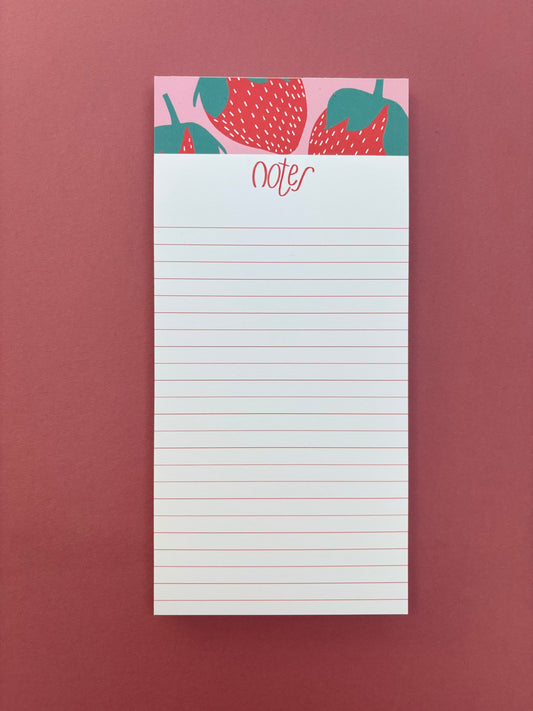 Narrow list pad with pink and red strawberry header and wording ‘notes’
