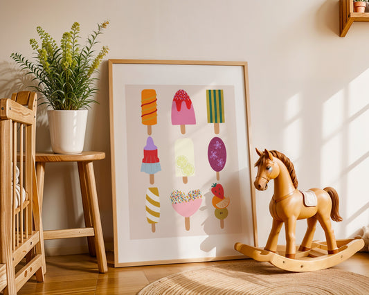 Bright and colourful kids wall art print featuring cheerful ice lollies in vibrant summer colours, perfect for nursery, playroom, or children’s room decor