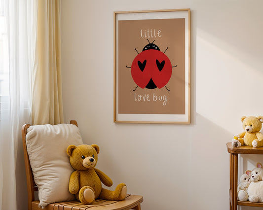 Kids wall art with brown background,  a hand drawn illustration of a ladybird with face and the words “little love bug” In white handwritten text.
