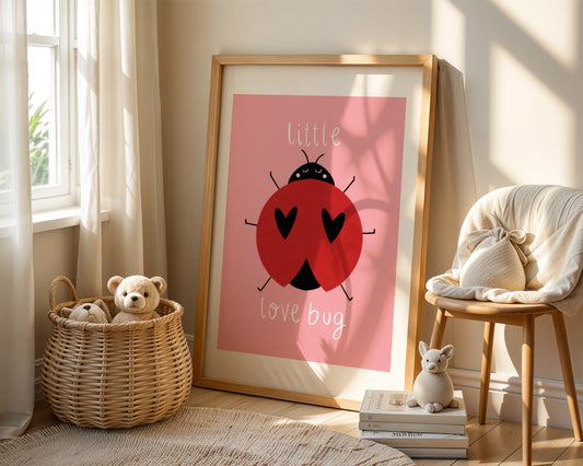 Kids wall art with pink background,  a hand drawn illustration of a ladybird with face and the words “little love bug” In white handwritten text.
