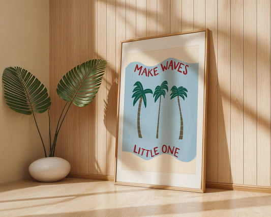 Kids beach themed wall art with blue background and three palm trees with wavy cream border and  ‘make waves little one’ quote. 