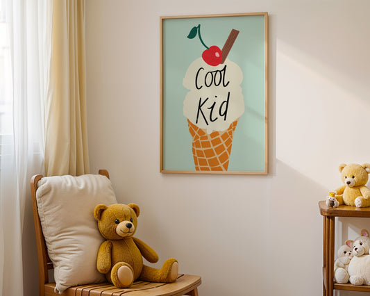 Kids wall art with ice cream and cool kid text in Fun pastel colours- perfect for nursery, playroom or children’s bedroom decor