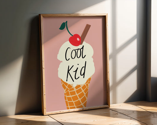 Kids wall art with ice cream and cool kid text in Fun pastel colours- perfect for nursery, playroom or children’s bedroom decor