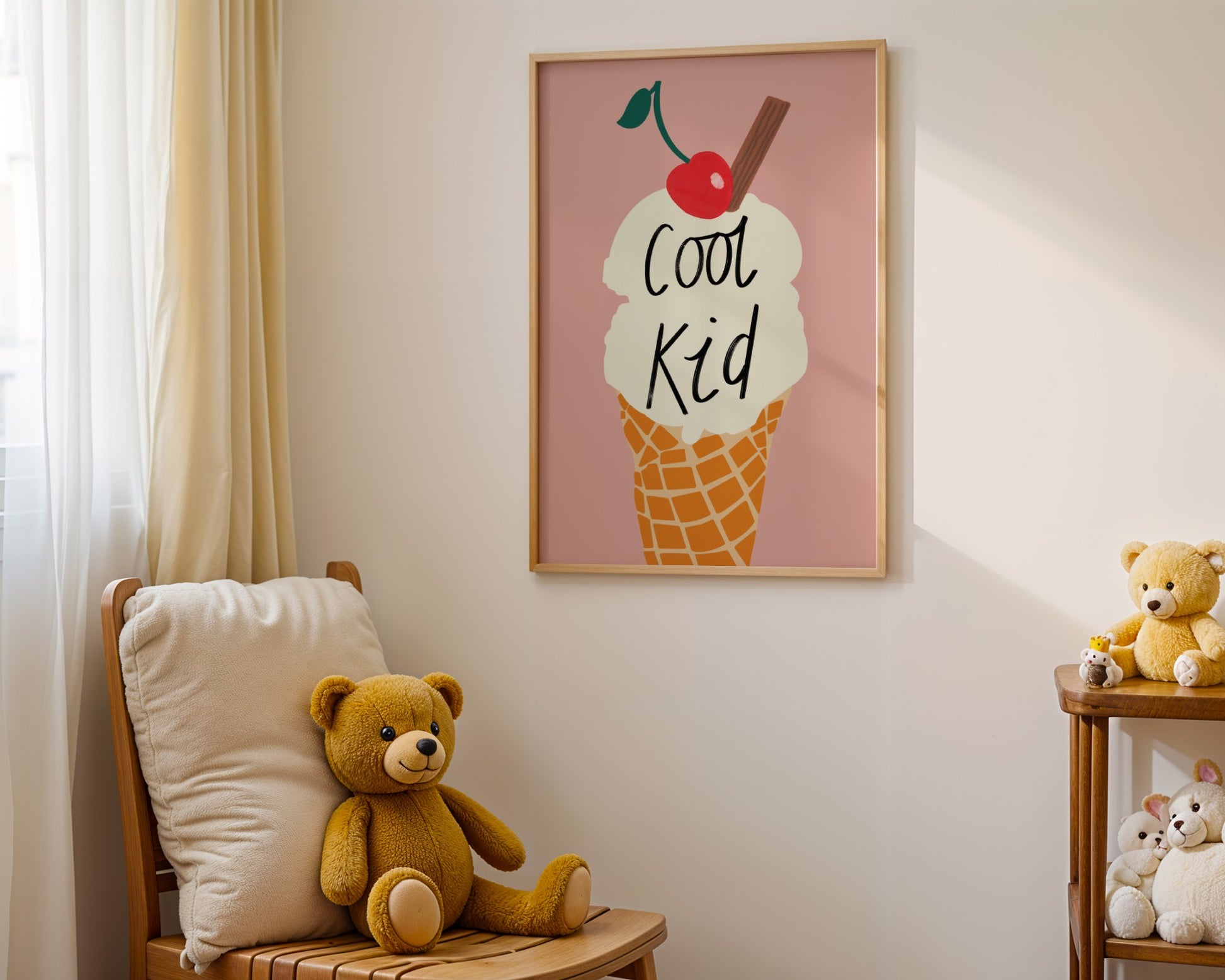 Kids wall art with ice cream and cool kid text in Fun pastel colours- perfect for nursery, playroom or children’s bedroom decor