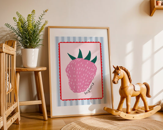 Kids art print with light blue striped background, pink centre with red scallop edge and a raspberry illustration and hand written text ‘raspberry’ 