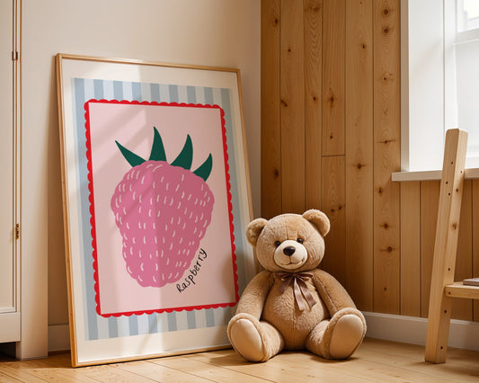 Kids art print with light blue striped background, pink centre with red scallop edge and a raspberry illustration and hand written text ‘raspberry’ 