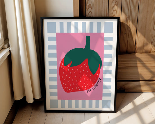 Kids wall art with blue and white striped border, dark pink centre and strawberry illustration with the hand written text ‘strawberry’.