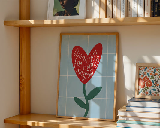 Personalised teacher wall art print featuring a heart shaped flower and the phrase ‘thank you for helping me grow’