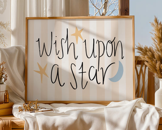 Neutral nursery wall art with ‘wish upon a star’ quote in soft beige and cream tones, minimalist kids room decor